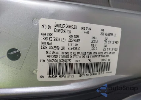 2006 Chrysler Town & Country Limited z USA, uszkodzony, nr VIN 2A4GP64L16R841707